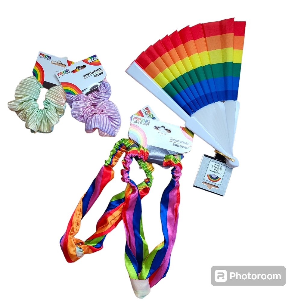 PRIDE Parade Rainbow Accessories Family Pack-2 Scrunchies, 2 Headbands, Fan NWT